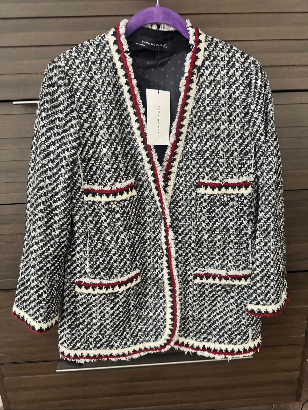 Zara Black & White Tweed Jacket with Red Trim